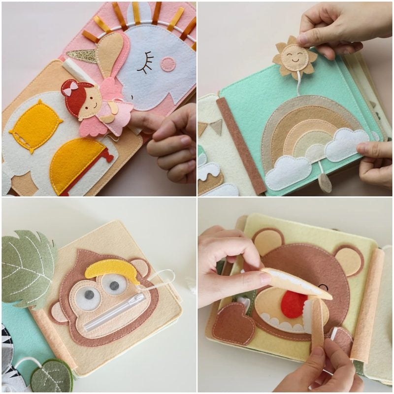 Four pages of an open personalized felt quiet book